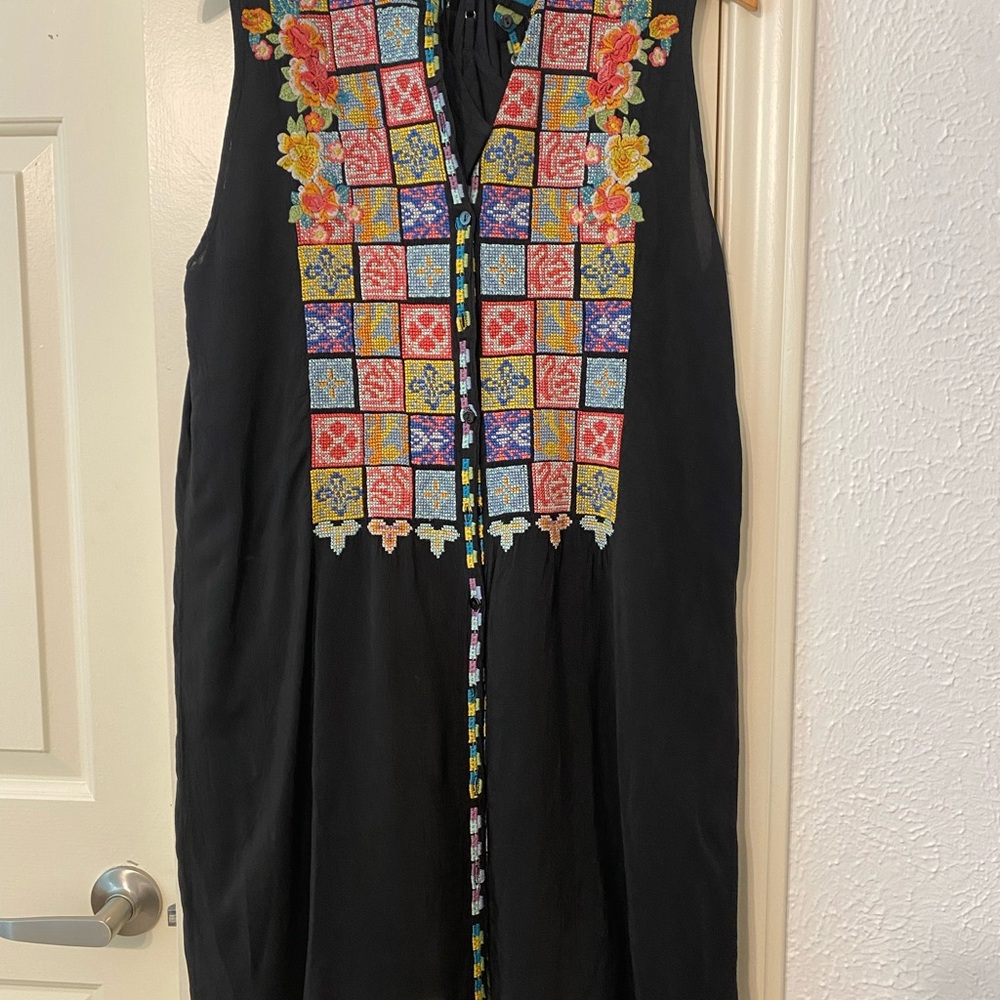 Johnny Was Black Embroidered Sleeveless Dress with Colorful Embroidery - Size S